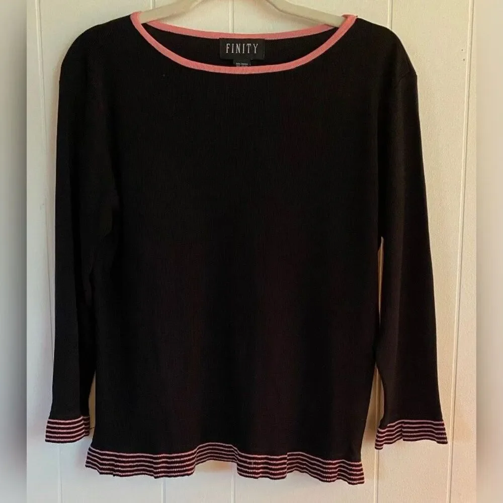 Finity Top Women’s Large Black Knit Pink Striped Trim Ruffled
